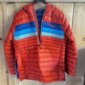 Cotopaxi Fuego Down Hooded Pullover in Spice Stripes, Women’s Medium.